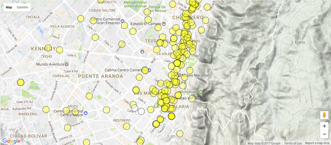 Mapa de puntos con los destinos de los bogotanos