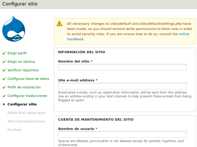 Configuración de la página por primera vez